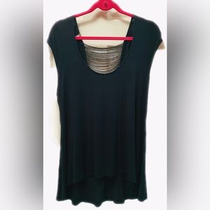 FREE PEOPLE BLACK FIT FLARE TOP GOLD FRINGE OPEN BACK